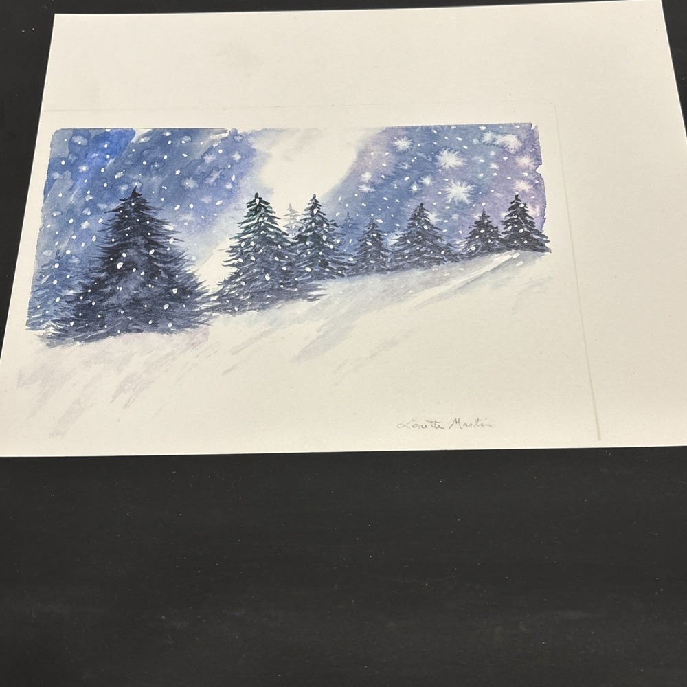 Original Winter Landscape Watercolor Painting Signed Loretta Martin